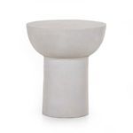 Chunky aluminum end table with rounded bowl-shaped top and cylindrical base in textured matte white