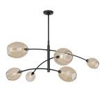 Artemis chandelier shown hanging in a dining room with round table and textured chairs