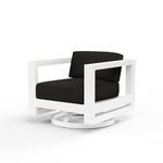 Newport Swivel Club outdoor chair with low back, black cushions, and white powder-coated aluminum frame