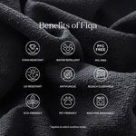 Close-up fabric texture of dark Fiqa boucle, showing benefits icons for stain resistance, water repellency, and more