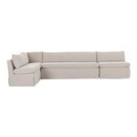L-shaped Fable slipcover dining banquette with beige snug-fitting washable fabric and inverted pleats