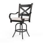 Monterey Counter Stool with curved armrests, X-shaped back, espresso aluminum frame, and sand-colored cushion