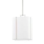 Downing 1 Light Small Pendant with thin metal bands wrapping Belgian linen soft-square diffuser, offset design