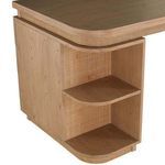 Top side corner of desk highlighting rounded edges and consistent wood grain finish