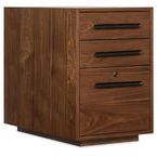 Close-up side angle of pedestal highlighting wood grain and drawer handles
