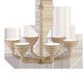 Marbella Chandelier with six abaca rope wrapped arms and white frosted glass shades on a wrought iron frame