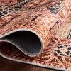 Close-up showing edge curling and underside of the rug with tightly stitched binding