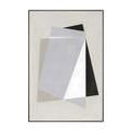 Abstract painting with overlapping geometric shapes in shades of gray, black, and white on a light gray background