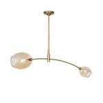 Artemis pendant shown from an angled side view highlighting the curve of the brass arm and size difference of the glass gl...
