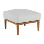 Santa Barbara teak ottoman with natural wood frame and thick white outdoor cushion