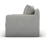 Side view with visible back cushion profile and rounded arm shape in ash fabric