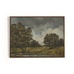 Landscape painting with cloudy sky and group of trees, framed with rustic walnut floater