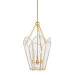 Clarisse Lantern pendant with a hexagonal frame in Soft Bisque finish, arched glass panels, and two cream candle-style bulbs