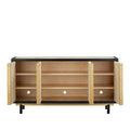 Close-up side panel showing beige woven raffia detail inside black wood frame of the credenza