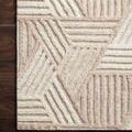 Detailed corner view highlighting the geometric pattern and texture contrast on dark wood floor