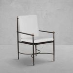 Roma Wrought Aluminum Arm Chair with white cushions, black wrought aluminum frame, and gold accent finials