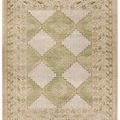 Enfield handknotted traditional rug with vintage bordered medallion design in green, cream, light blue, and tan tones