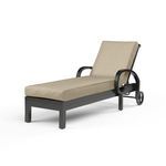 Front diagonal angle of Monterey Chaise Lounge highlighting curled armrests and thick seat cushion