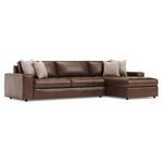 Nest 2-piece leather sectional in rich brown with wide track arms and beige accent pillows