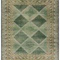 Handknotted Enfield area rug with vintage-inspired trellis medallion in green and blue tones