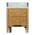 Front view highlighting symmetrical rattan circle and slat design on drawers with polished nickel knobs