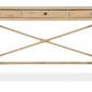 Front view of console showing triple drawer configuration and bamboo motif accents with rope detailing