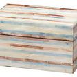 Rectangular decorative box covered with iridescent mother of pearl mosaic strips in soft blue, cream, and amber tones
