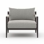 Front view showing wide charcoal frame and large gray patterned back cushion on Sherwood Faye chair