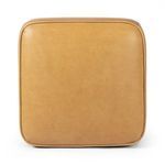Bottom view of square ottoman with visible solid parawood base and leather sides