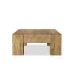 Front view highlighting square legs and top panel wood grain pattern