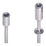 Close-up top view of polished nickel candle holders showing cylindrical candle cups and detailed stem sections