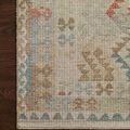 Close-up of rug corner showing texture and color contrast against dark wood floor