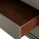 Open drawer showing interior natural wood color contrasting with the gray exterior finish