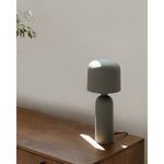 Echo Lamp on dark wood surface with sunlight casting shadows on gray wall behind