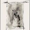 Abstract painting with bold black strokes framing a textured grey center on a neutral background