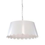 Mirasol pendant from a slightly lower angle showing white scalloped shade hanging from silver chain