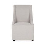 Front view showing straight backrest and clean lines of gray upholstered rolling dining chair