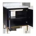Side view showing glossy black finish on vanity side panel with brass leg