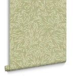 Rolled section of Salix Leaves Wallpaper showing texture and detail of sage green leaves pattern