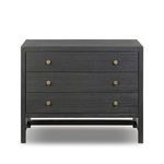 Sullivan Nightstand with three black acacia veneer drawers and brass-finished knurled knobs on a raised open base