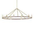 Chandelier view without fabric shades showing exposed brass candle-style bulbs