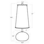 Black and white line drawing of lamp showing dimensions of shade and base