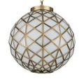 Detailed view of triangular patterned antique brass framework with milky white glass panels