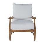Front view of chair with white cushions emphasizing straight legs and wooden frame