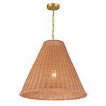 Rattan pendant illuminated, suspended straight on against white background with visible bulb