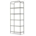 five-shelf bookcase with hammered gunmetal iron frame and tempered glass shelves in a transitional vintage style