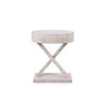 Side view highlighting crossed leg design and thickness of round tabletop