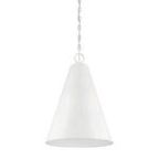 Pendant light with chain links in vertical alignment, showing flat bottom of shade in white