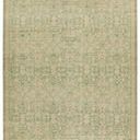 Hand-knotted traditional rug with distressed floral trellis pattern in green and tan hues