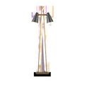 Duet Floor Lamp with twin asymmetrical antique brass metal bars and pair of black conical shades for dual reading light